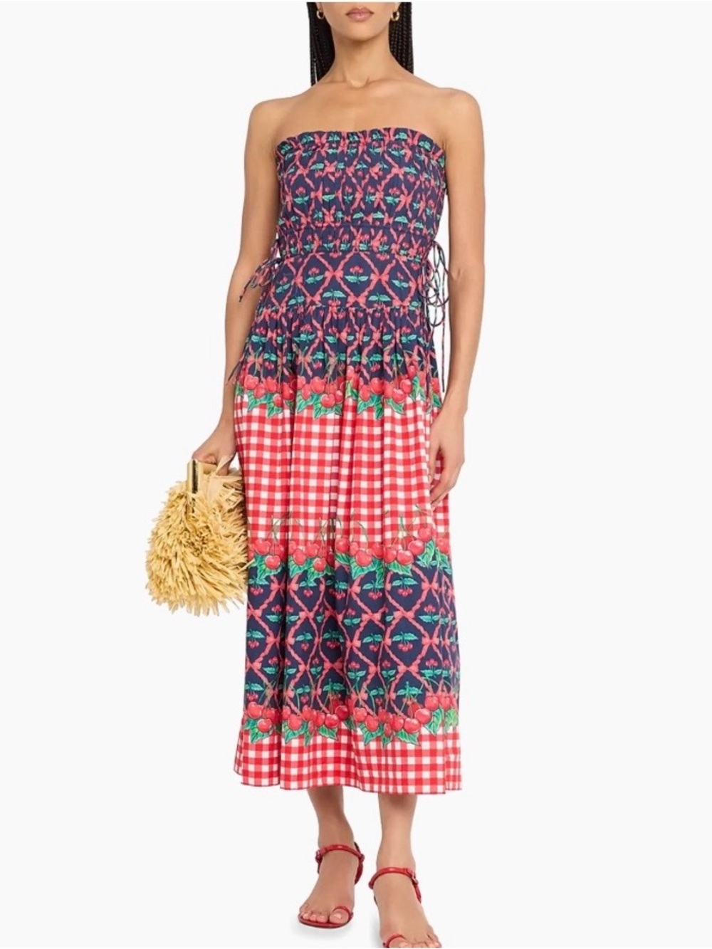 Strapless Mixed-Print Midi Dress in Red and Navy